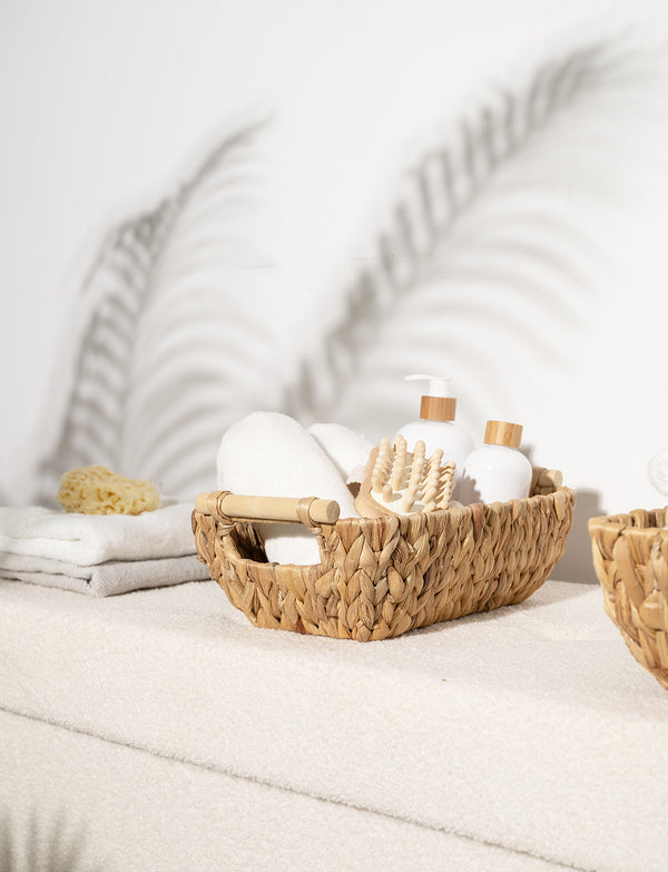 Woven Water Hyacinth Basket with Wooden Handles, 2 Pack