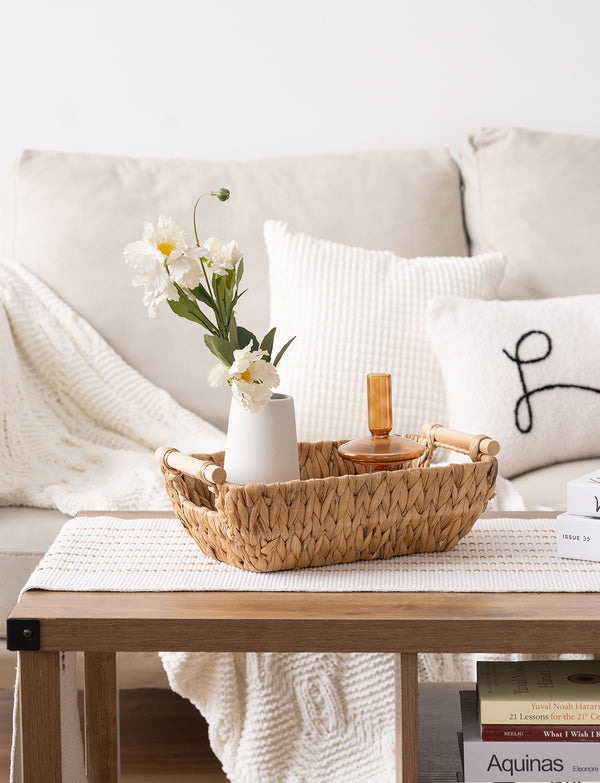 Woven Water Hyacinth Basket with Wooden Handles, 2 Pack