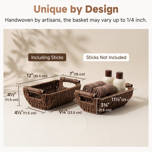 Handwoven Wicker Basket with Wooden Handles, Paper Rope, 2 Pack