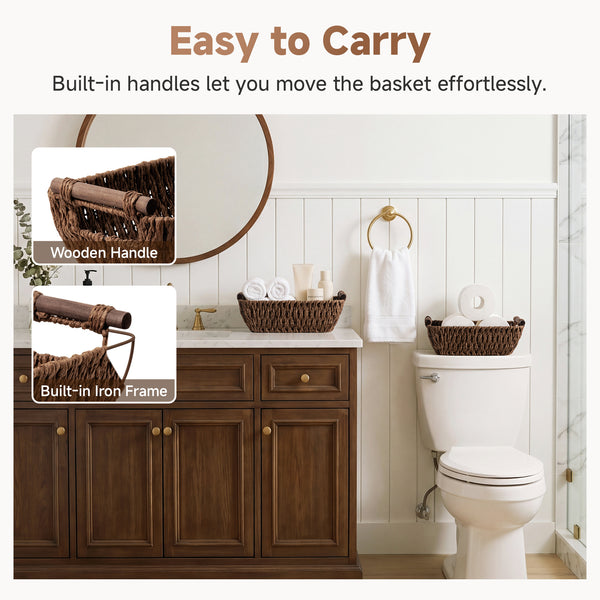Handwoven Wicker Basket with Wooden Handles, Paper Rope, 2 Pack