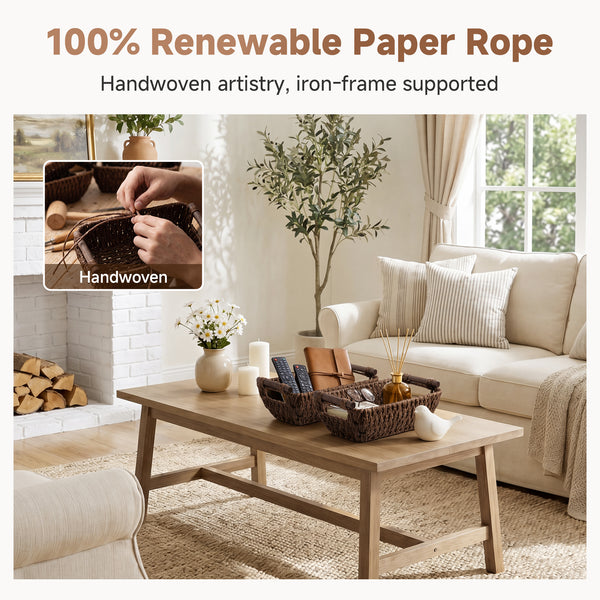 Handwoven Wicker Basket with Wooden Handles, Paper Rope, 2 Pack