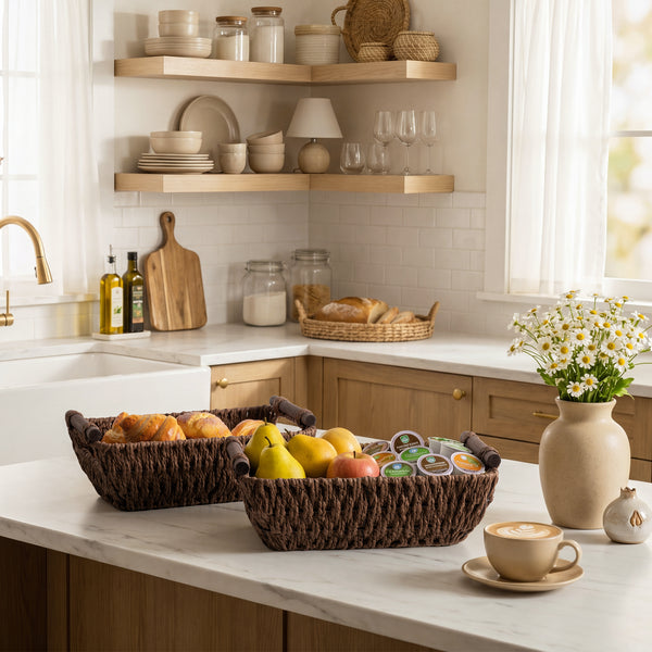 Handwoven Wicker Basket with Wooden Handles, Paper Rope, 2 Pack