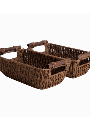 Handwoven Wicker Basket with Wooden Handles, Paper Rope, 2 Pack