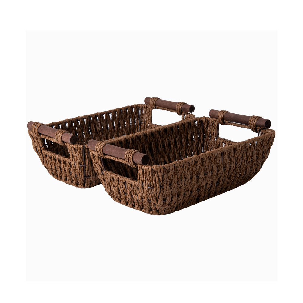 Handwoven Wicker Basket with Wooden Handles, Paper Rope, 2 Pack