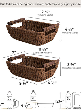 Wicker Basket for Organizing, Basket with Wooden Handles, 2 Pack