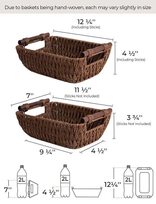 Handwoven Wicker Basket with Wooden Handles, Paper Rope, 2 Pack