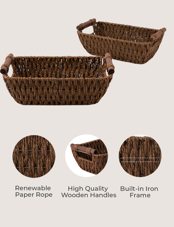 Handwoven Wicker Basket with Wooden Handles, Paper Rope, 2 Pack