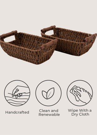 Wicker Basket for Organizing, Basket with Wooden Handles, 2 Pack