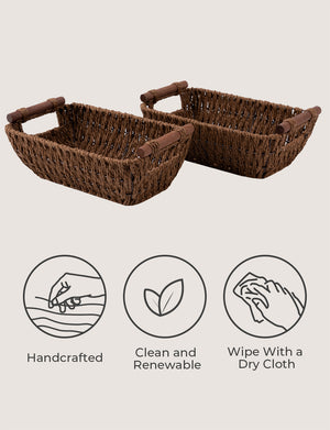 Handwoven Wicker Basket with Wooden Handles, Paper Rope, 2 Pack