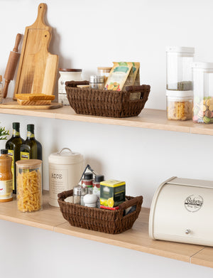 Handwoven Wicker Basket with Wooden Handles, Paper Rope, 2 Pack