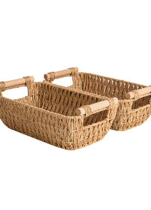 Handwoven Wicker Basket with Wooden Handles, Paper Rope, 2 Pack