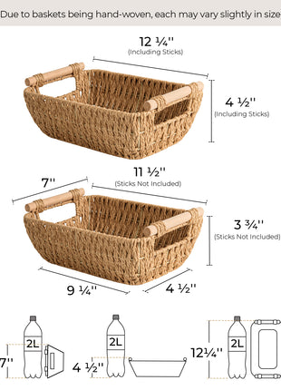 Handwoven Wicker Basket with Wooden Handles, Paper Rope, 2 Pack