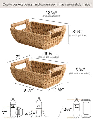 Handwoven Wicker Basket with Wooden Handles, Paper Rope, 2 Pack