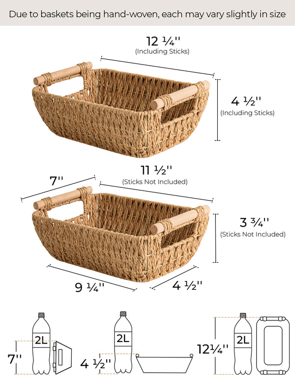 Handwoven Wicker Basket with Wooden Handles, Paper Rope, 2 Pack