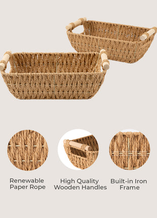 Handwoven Wicker Basket with Wooden Handles, Paper Rope, 2 Pack