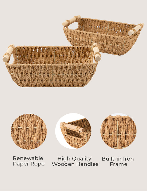 Handwoven Wicker Basket with Wooden Handles, Paper Rope, 2 Pack
