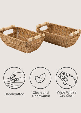 Wicker Basket for Organizing, Basket with Wooden Handles, 2 Pack