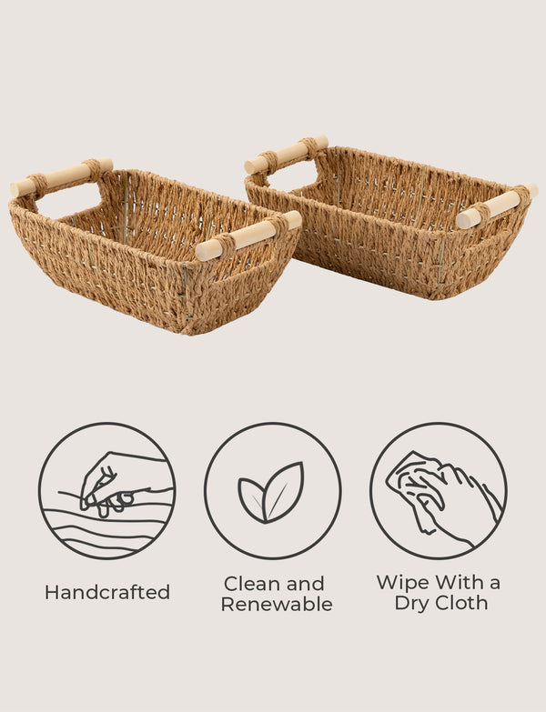 Handwoven Wicker Basket with Wooden Handles, Paper Rope, 2 Pack