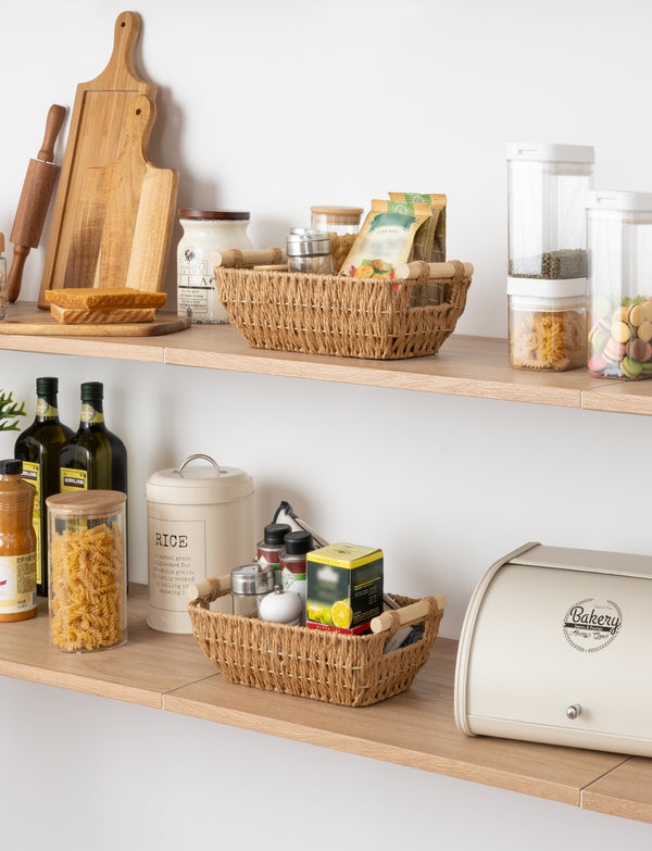 Handwoven Wicker Basket with Wooden Handles, Paper Rope, 2 Pack