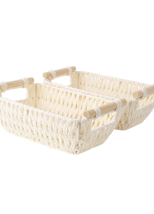 Handwoven Wicker Basket with Wooden Handles, Paper Rope, 2 Pack