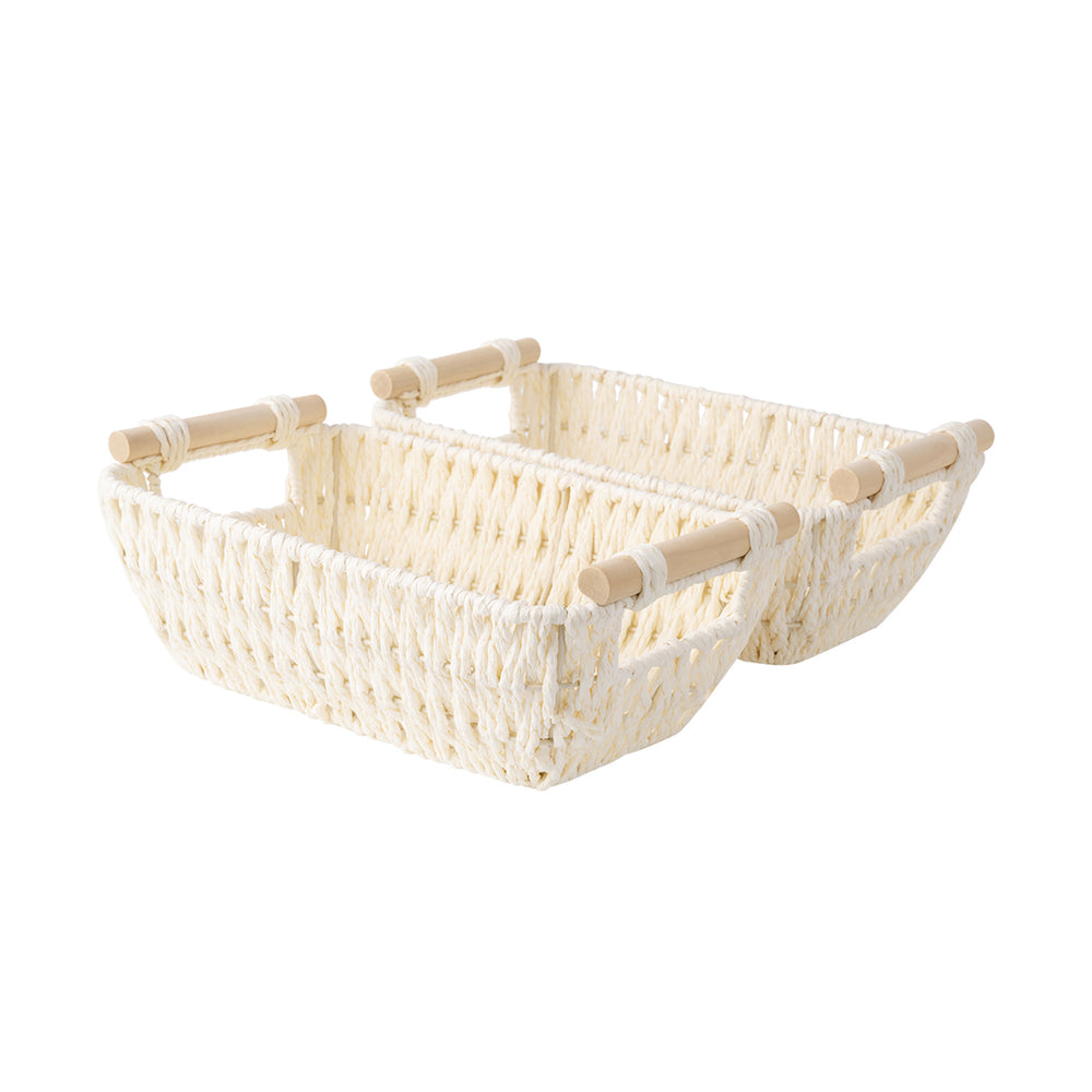 Handwoven Wicker Basket with Wooden Handles, Paper Rope, 2 Pack
