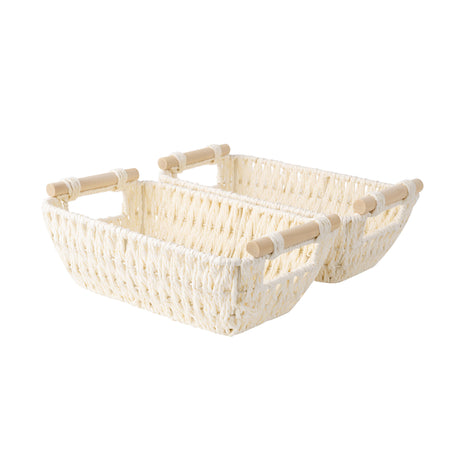 Handwoven Wicker Basket with Wooden Handles, Paper Rope, 2 Pack