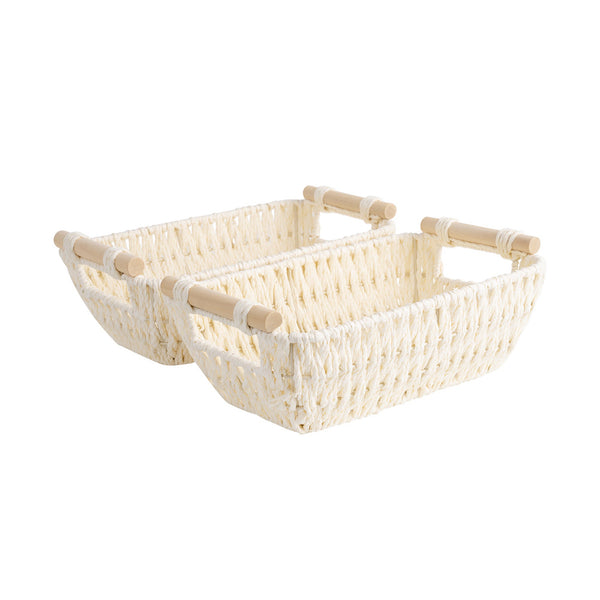 Handwoven Wicker Basket with Wooden Handles, Paper Rope, 2 Pack