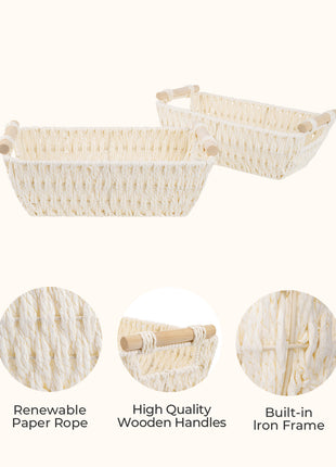 Wicker Basket for Organizing, Basket with Wooden Handles, 2 Pack