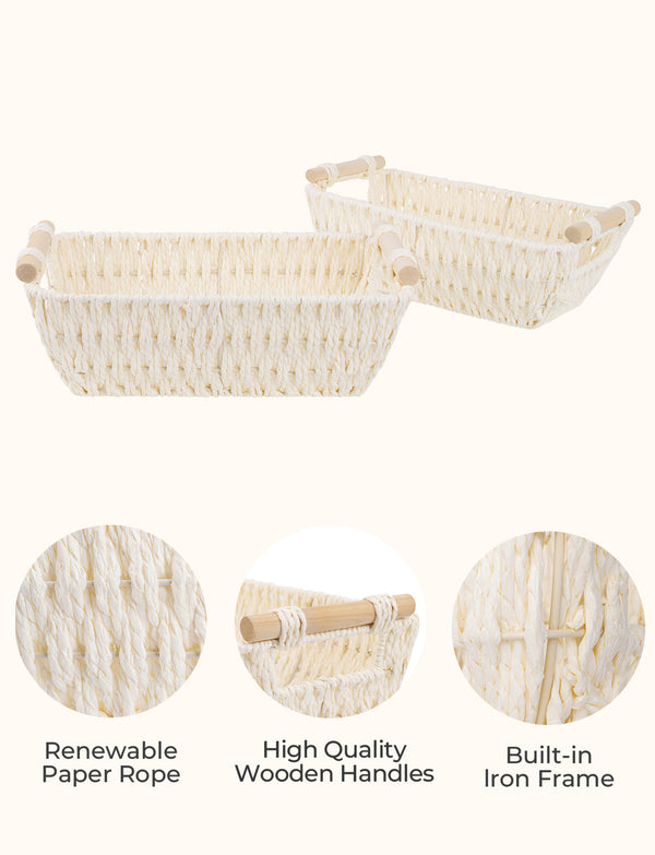 Handwoven Wicker Basket with Wooden Handles, Paper Rope, 2 Pack