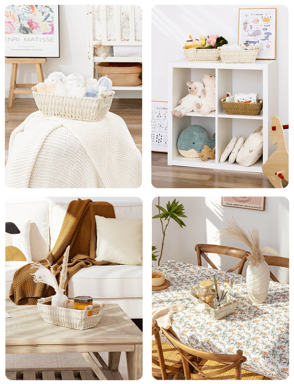 Handwoven Wicker Basket with Wooden Handles, Paper Rope, 2 Pack