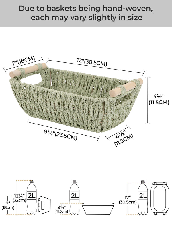Handwoven Wicker Basket with Wooden Handles, Paper Rope, 2 Pack