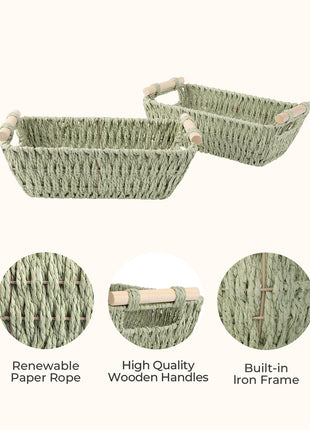 Wicker Basket for Organizing, Basket with Wooden Handles, 2 Pack