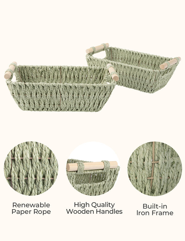 Handwoven Wicker Basket with Wooden Handles, Paper Rope, 2 Pack