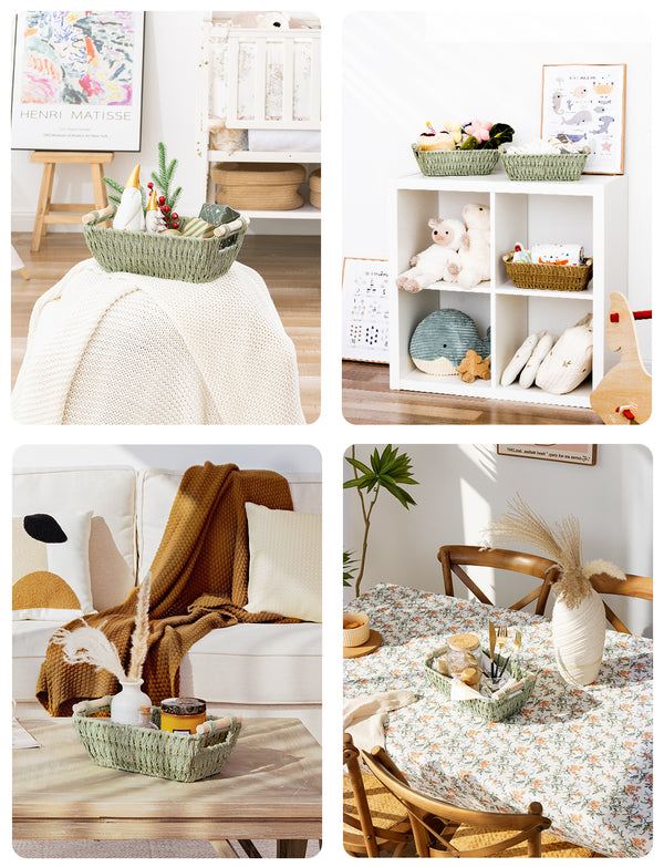 Handwoven Wicker Basket with Wooden Handles, Paper Rope, 2 Pack