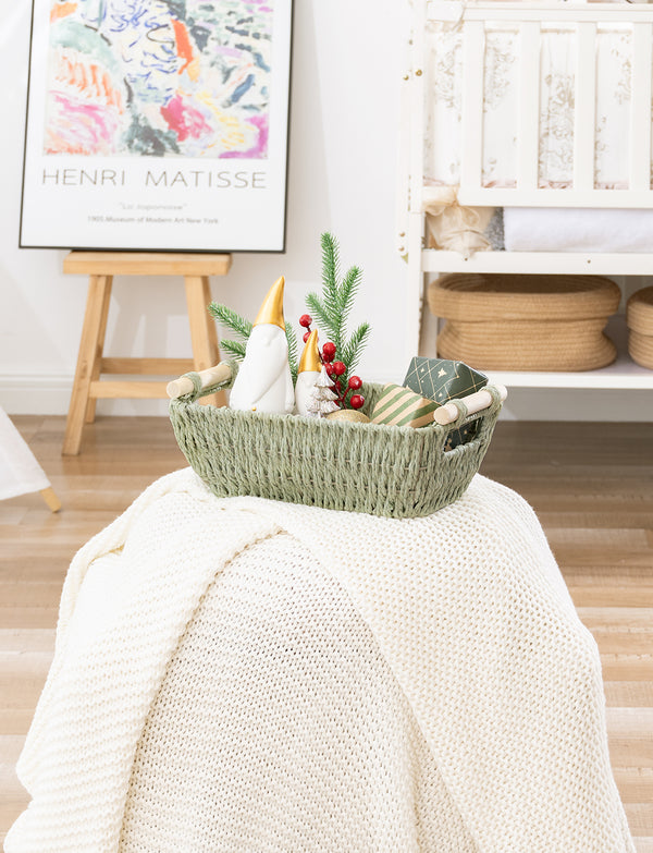 Handwoven Wicker Basket with Wooden Handles, Paper Rope, 2 Pack