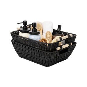 Handwoven Wicker Basket with Wooden Handles, Paper Rope, 2 Pack