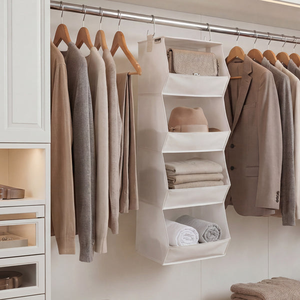 Hanging Closet Organizer, Trapezoid Shelf Design