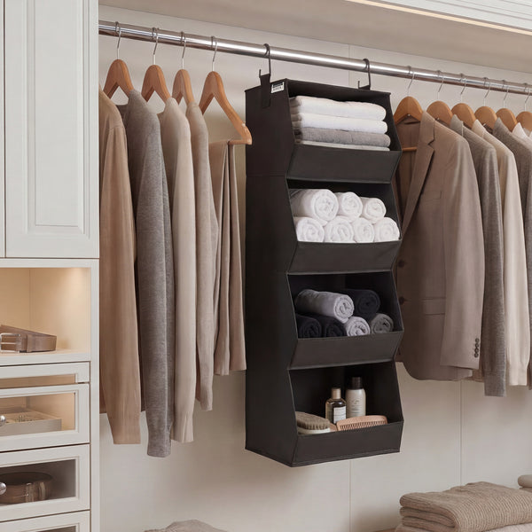 Hanging Closet Organizer, Trapezoid Shelf Design