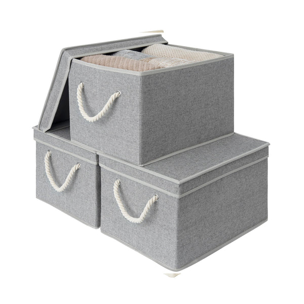 Lidded Large Storage Bins with Cotton Handles, 3-Pack