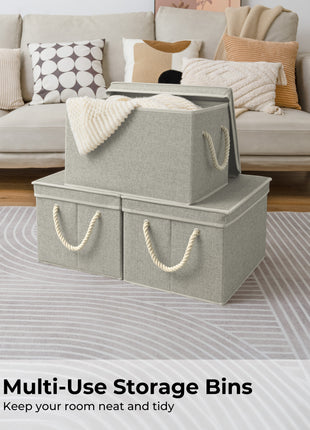 Lidded Large Storage Bins, Foldable Decorative Boxes, 3-Pack