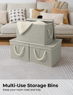 Lidded Large Storage Bins with Cotton Handles, 3-Pack