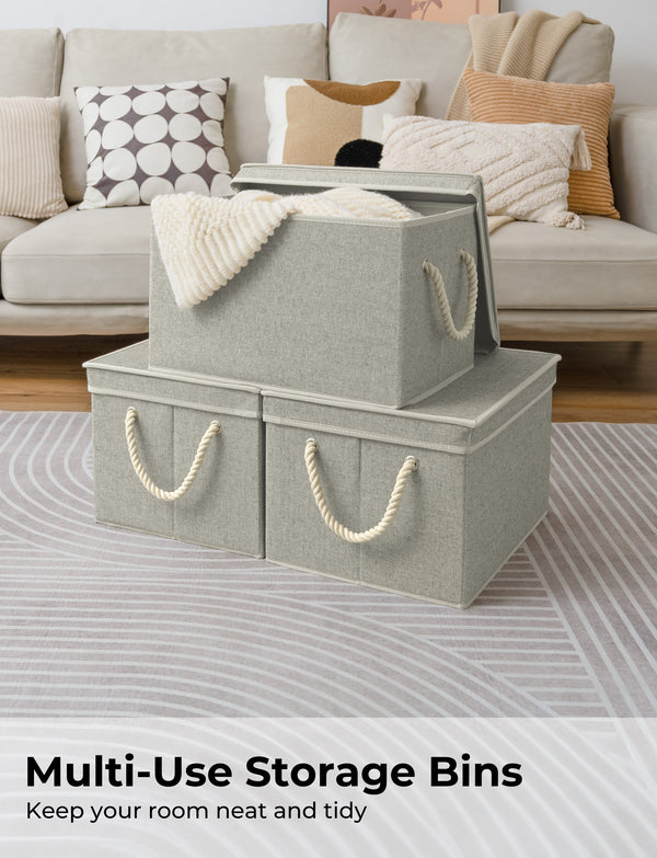 Lidded Large Storage Bins with Cotton Handles, 3-Pack