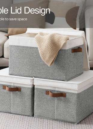 Lidded Large Storage Bins, Foldable Decorative Boxes, 3-Pack