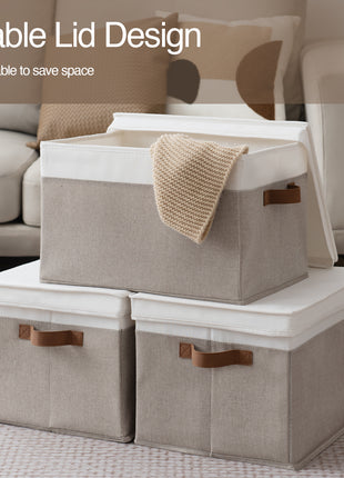 Lidded Large Storage Bins, Foldable Decorative Boxes, 3-Pack