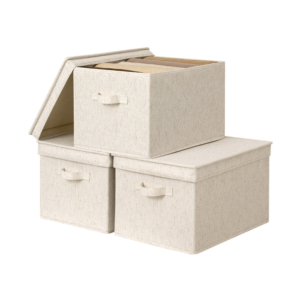 Rustic Linen Lidded Storage Bins, Set of 3