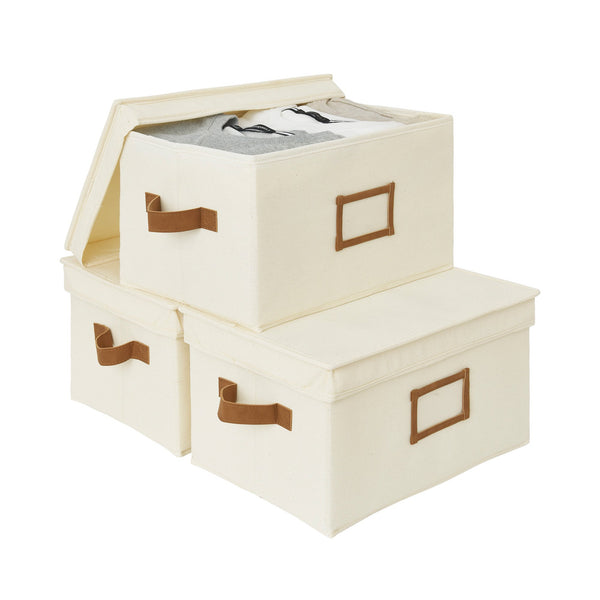 Solid Color Lidded Fabric Storage Bins with PU Handles, Set of 3