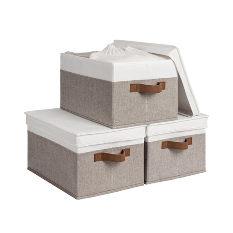 Lidded Large Storage Bins, Foldable Decorative Boxes, 3-Pack