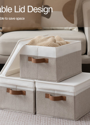 Lidded Large Storage Bins, Foldable Decorative Boxes, 3-Pack