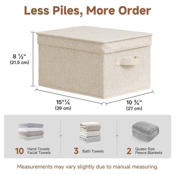 Beige storage box with dimensions and capacity illustration on a white background