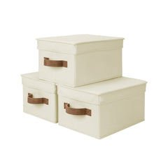 Solid Color Lidded Fabric Storage Bins with PU Handles, Set of 3